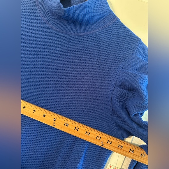FREE PEOPLE Medium Tattooed Heart Puff Sleeve Mock Neck Royal Blue Cotton Rich - Picture 7 of 10